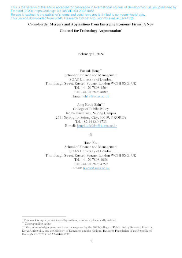 Cross-border Mergers and Acquisitions from Emerging Economy Firms: A New Channel for Technology Augmentation Thumbnail