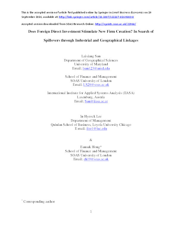 Does Foreign Direct Investment Stimulate New Firm Creation? In Search of Spillovers through Industrial and Geographical Linkages Thumbnail