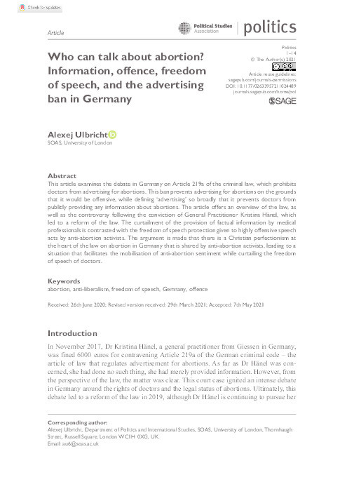 Who can talk about abortion? Information, offence, freedom of speech, and the advertising ban in Germany Thumbnail