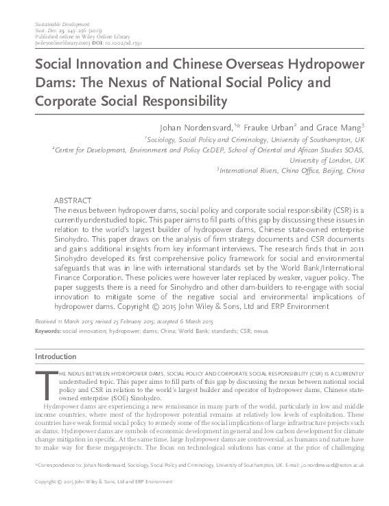 Social Innovation and Chinese Overseas Hydropower Dams: The Nexus of National Social Policy and Corporate Social Responsibility Thumbnail