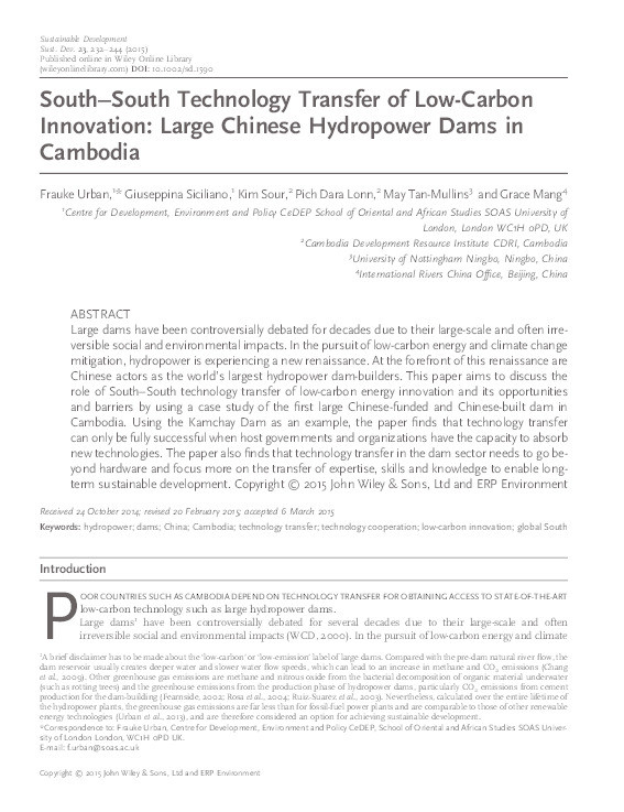 South–South Technology Transfer of Low-Carbon Innovation: Large Chinese Hydropower Dams in Cambodia Thumbnail