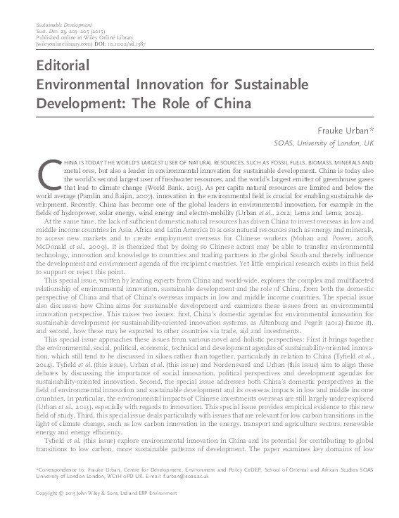 Editorial - Environmental Innovation for Sustainable Development: The Role of China Thumbnail