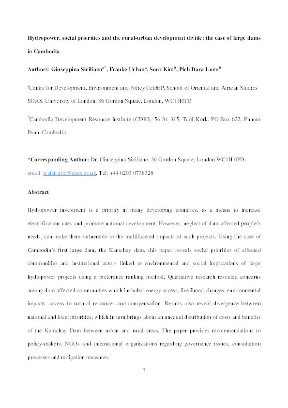 Hydropower, social priorities and the rural–urban development divide: The case of large dams in Cambodia Thumbnail