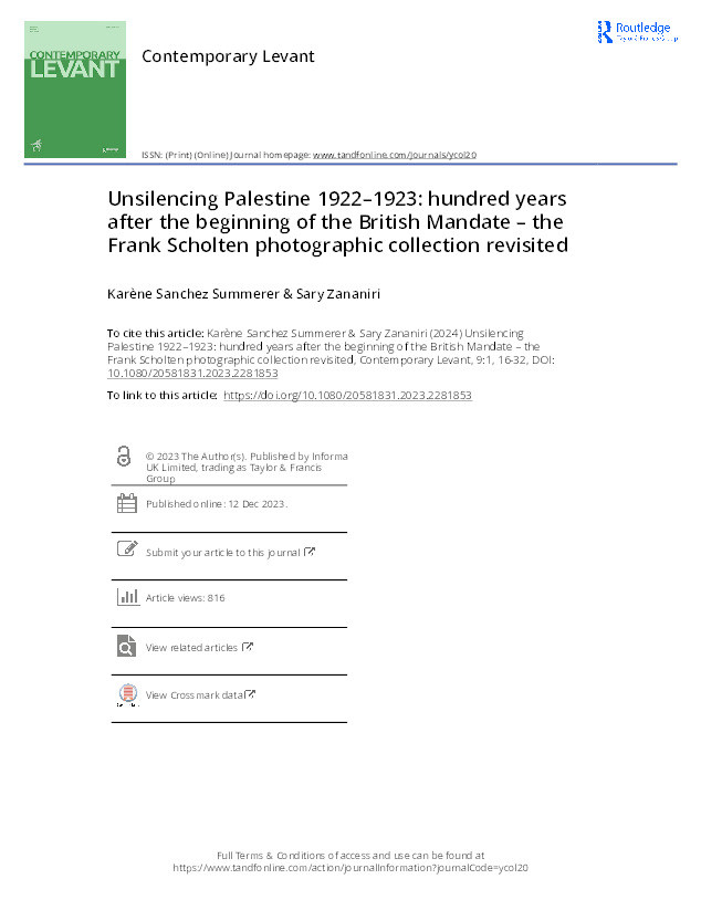 Unsilencing Palestine 1922–1923: hundred years after thebeginning of the British Mandate – the Frank Scholtenphotographic collection revisited Thumbnail
