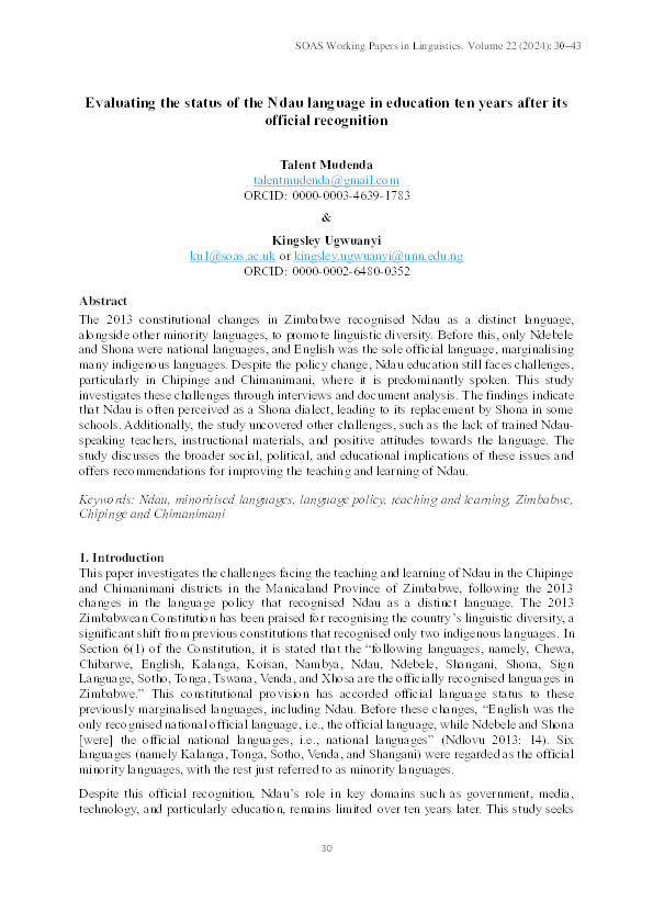 Evaluating the status of the Ndau language in education ten years after its official recognition Thumbnail