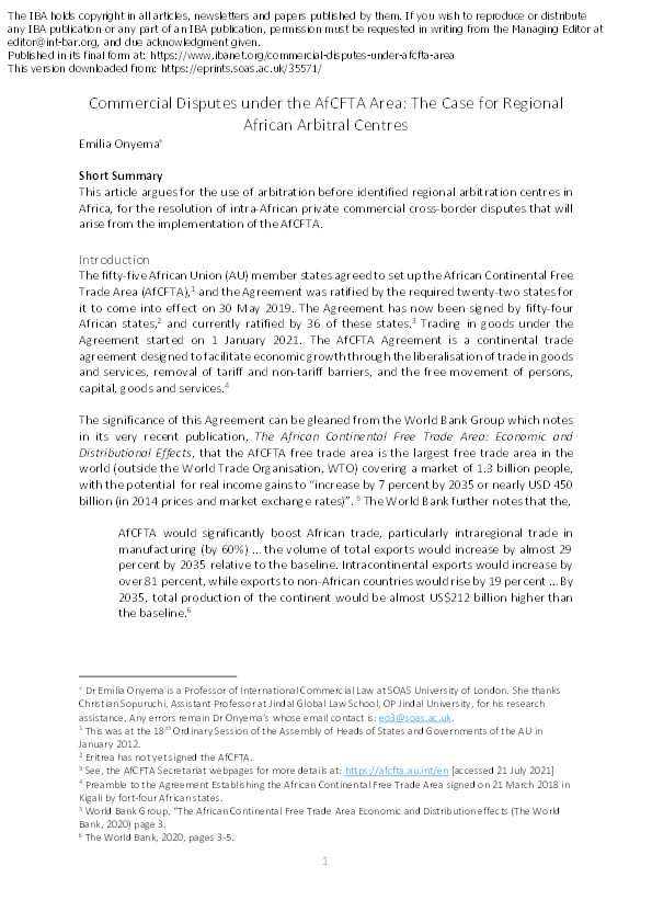 Commercial Disputes under the AfCFTA Area: The Case for Regional African Arbitral Centres Thumbnail