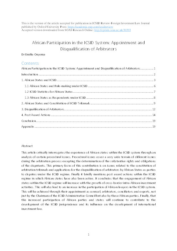 African Participation in the ICSID System: Appointment and Disqualification of Arbitrators Thumbnail