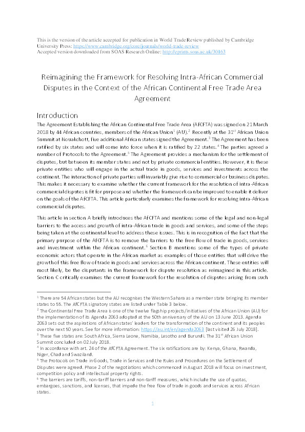 Reimagining the Framework for Resolving Intra-African Commercial Disputes in the Context of the African Continental Free Trade Area Agreement Thumbnail