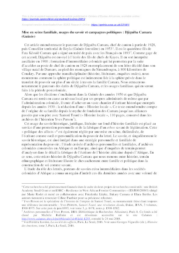 Mise en scène familiale, usages du savoir et campagnes politiques : Djiguiba Camara (Guinée) Thumbnail