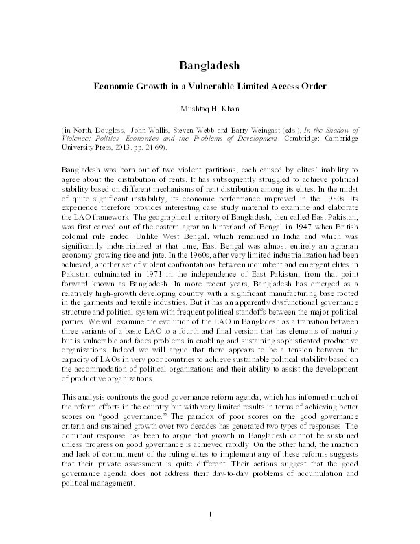 Bangladesh: Economic Growth in a Vulnerable Limited Access Order Thumbnail