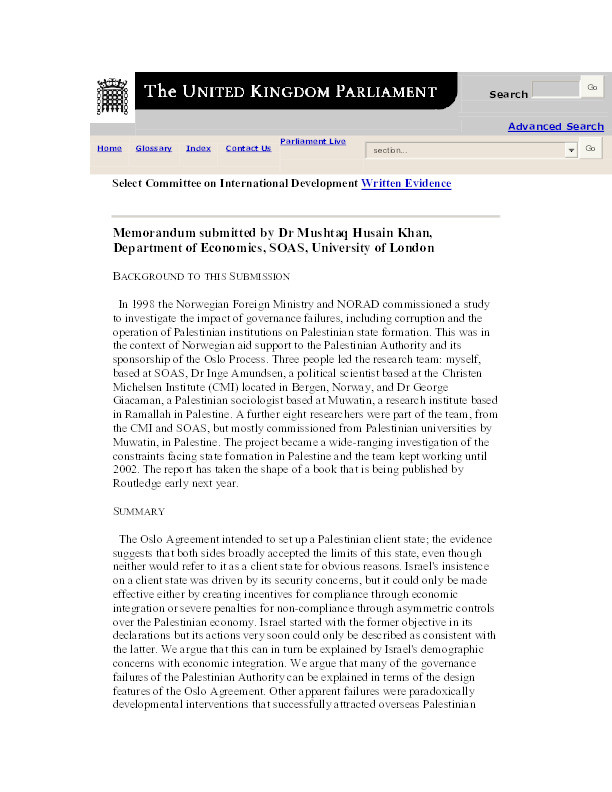 Memorandum submitted as Evidence to the House of Commons International Development Committee on Development Assistance and the Occupied Palestinian Territories. Second Report of Session 2003-04 Volume II Thumbnail