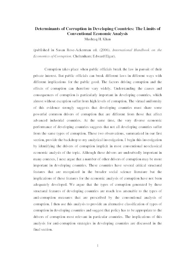 Determinants of Corruption in Developing Countries: the Limits of Conventional Economic Analysis Thumbnail