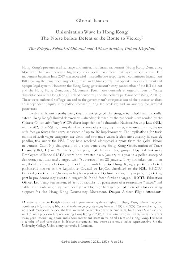 Unionisation Wave in Hong Kong: The Noise before Defeat or the Route to Victory? Thumbnail