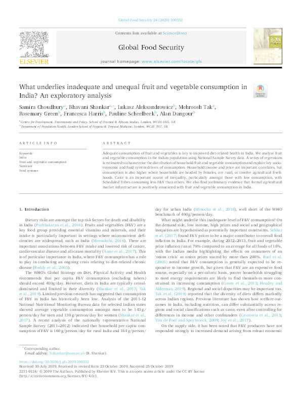 What underlies inadequate and unequal fruit and vegetable consumption in India? An exploratory analysis Thumbnail