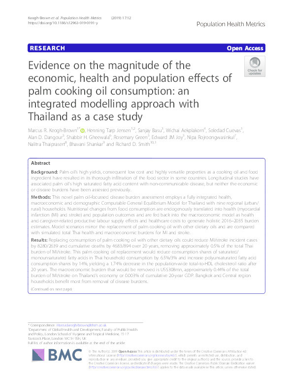 Evidence on the magnitude of the economic, health and population effects of palm cooking oil consumption: an integrated modelling approach with Thailand as a case study Thumbnail