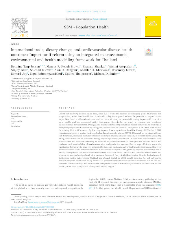 International trade, dietary change, and cardiovascular disease health outcomes: Import tariff reform using an integrated macroeconomic, environmental and health modelling framework for Thailand Thumbnail