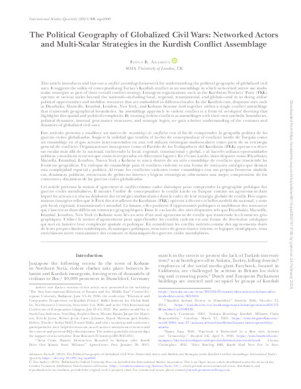 The Political Geography of Globalized Civil Wars: Networked Actors and Multi-Scalar Strategies in the Kurdish Conflict Assemblage Thumbnail