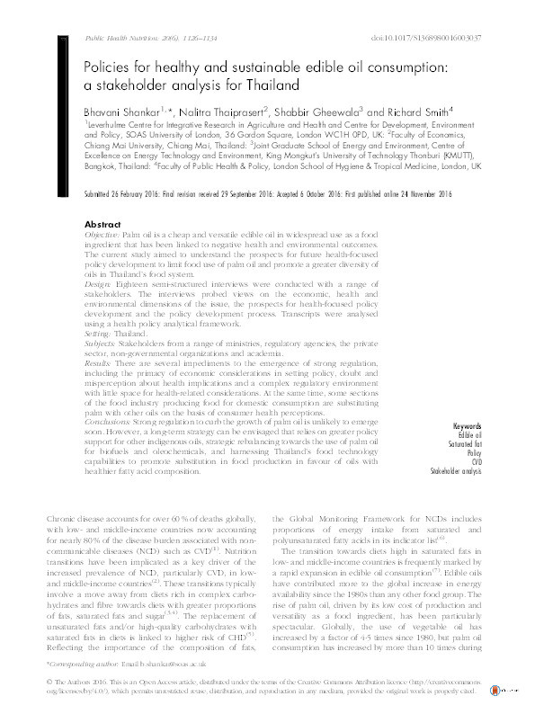 Policies for healthy and sustainable edible oil consumption: a stakeholder analysis for Thailand Thumbnail