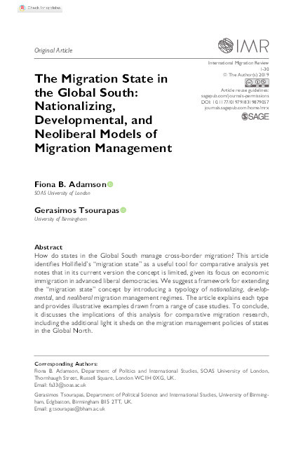 The Migration State in the Global South: Nationalizing, Developmental and Neoliberal Models of Migration Management Thumbnail