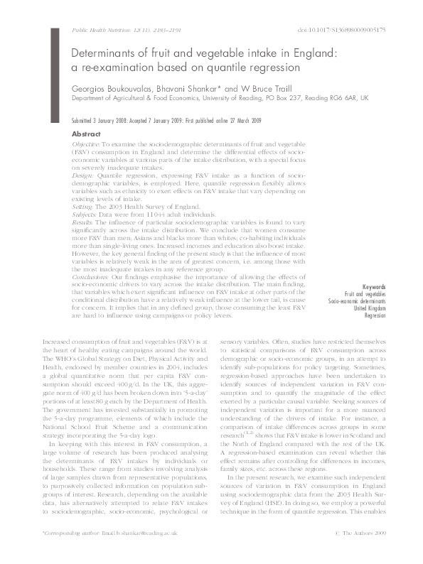Determinants of Fruit and Vegetable Intake in England: A Re-examination based on Quantile Regression Thumbnail