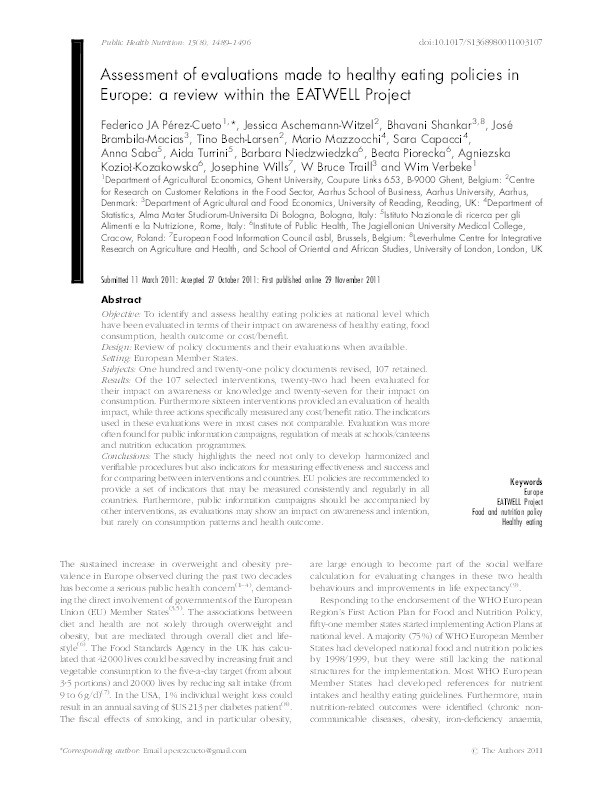 Assessment of evaluations made to healthy eating policies in Europe: a review within the EATWELL Project Thumbnail