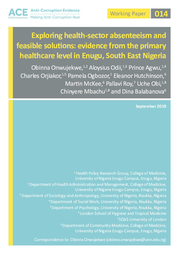 Exploring health-sector absenteeism and feasible solutions: evidence from the primary healthcare level in Enugu, South East Nigeria Thumbnail