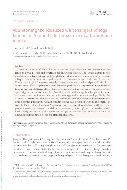 Abandoning the Idealised White Subject of Legal Feminism: a manifesto for silence in a Lusophone register Thumbnail