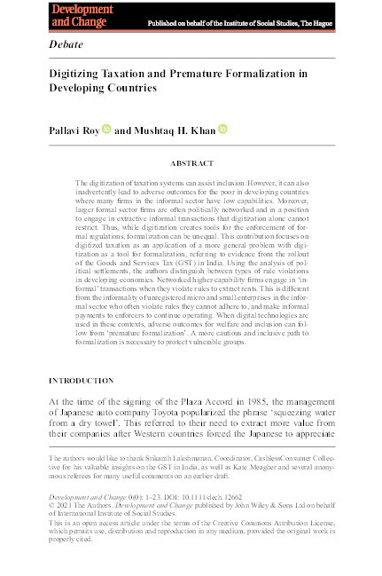 Digitizing Taxation and Premature Formalization in Developing Countries Thumbnail
