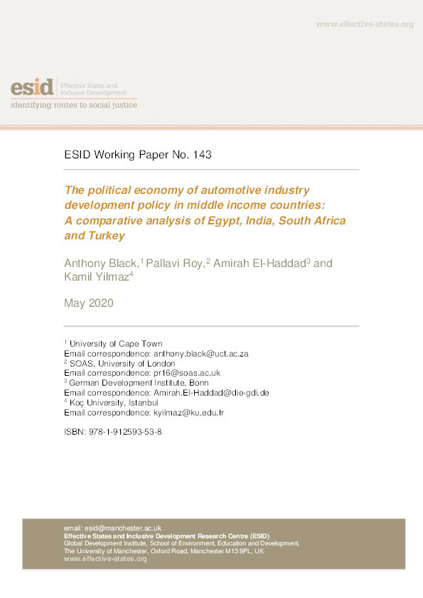 The political economy of automotive industry development policy in middle income countries: A comparative analysis of Egypt, India, South Africa and Turkey Thumbnail