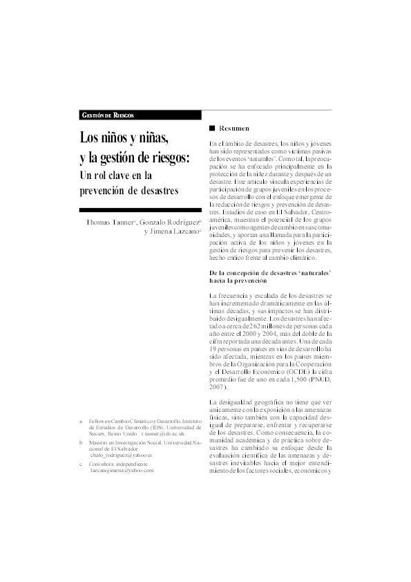 Los niños y niñas, y la gestión de riesgo: Un rol clave en la prevención de desastres Thumbnail