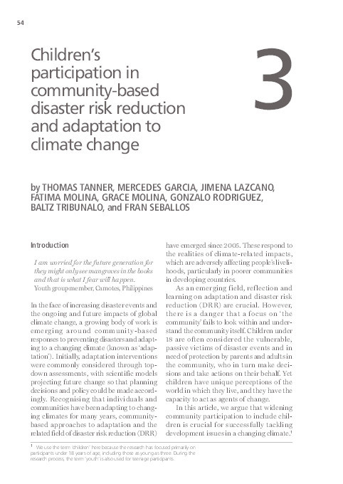 Children’s participation in community-based disaster risk reduction and adaptation to climate change Thumbnail