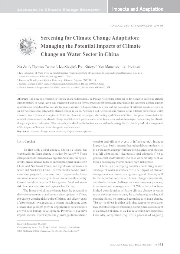 Screening for Climate Change Adaptation: Managing the Potential Impacts of Climate Change on Water Sector in China Thumbnail
