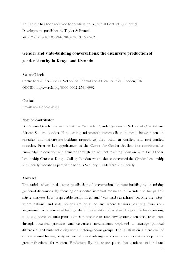 Gender and state-building conversations: the discursive production of gender identity in Kenya and Rwanda Thumbnail