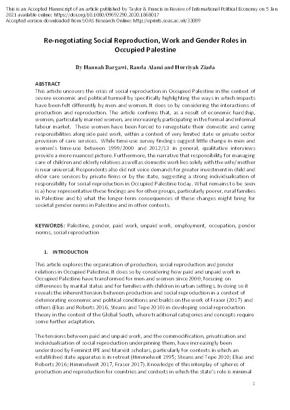 Re-negotiating Social Reproduction, Work and Gender Roles in Occupied Palestine Thumbnail