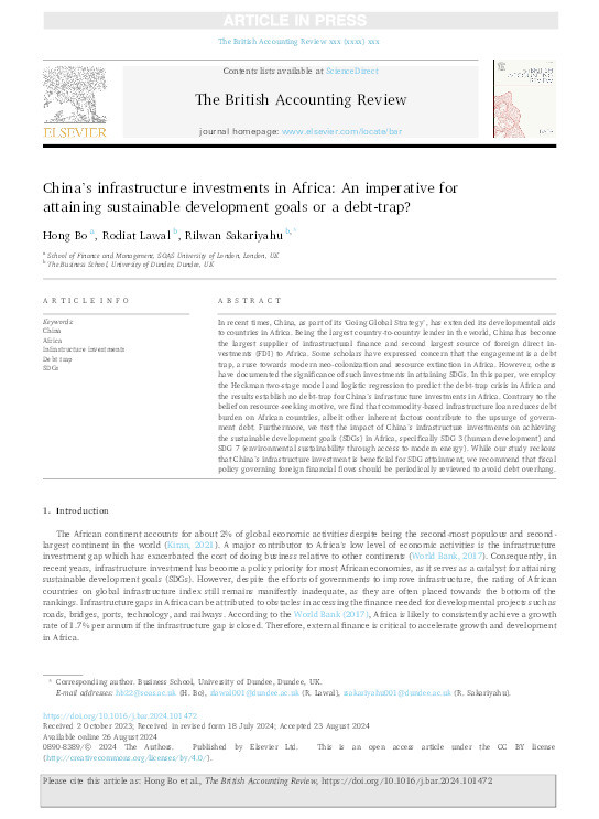 China's infrastructure investments in Africa: An imperative for attaining sustainable development goals or a debt-trap? Thumbnail