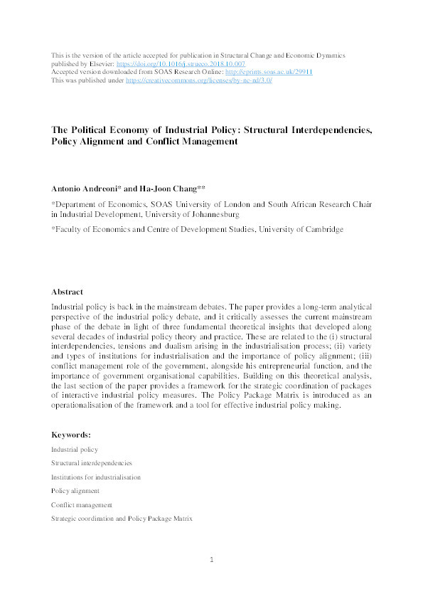 The Political Economy of Industrial Policy: Structural Interdependencies, Policy Alignment and Conflict Management Thumbnail