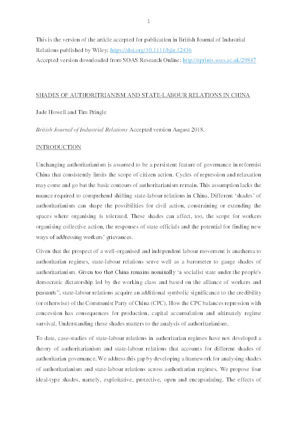 Shades of Authoritarianism and State-Labour Relations in China Thumbnail