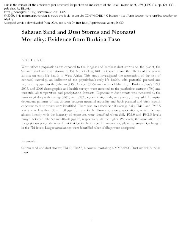 Saharan Sand and Dust Storms and Neonatal Mortality: Evidence from Burkina Faso Thumbnail