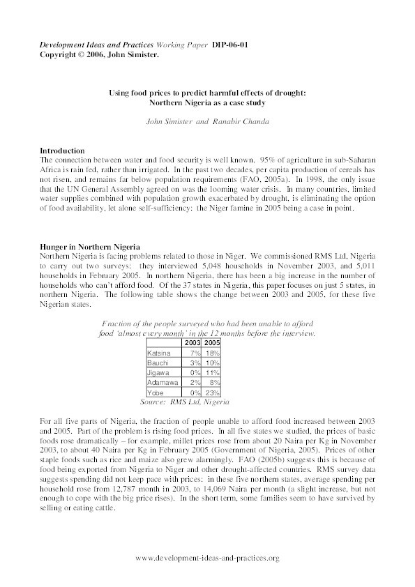 Using food prices to predict harmful effects of drought: Northern Nigeria as a case study Thumbnail
