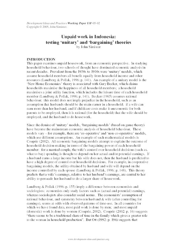 Unpaid work in Indonesia: testing 'unitary' and 'bargaining' theories Thumbnail