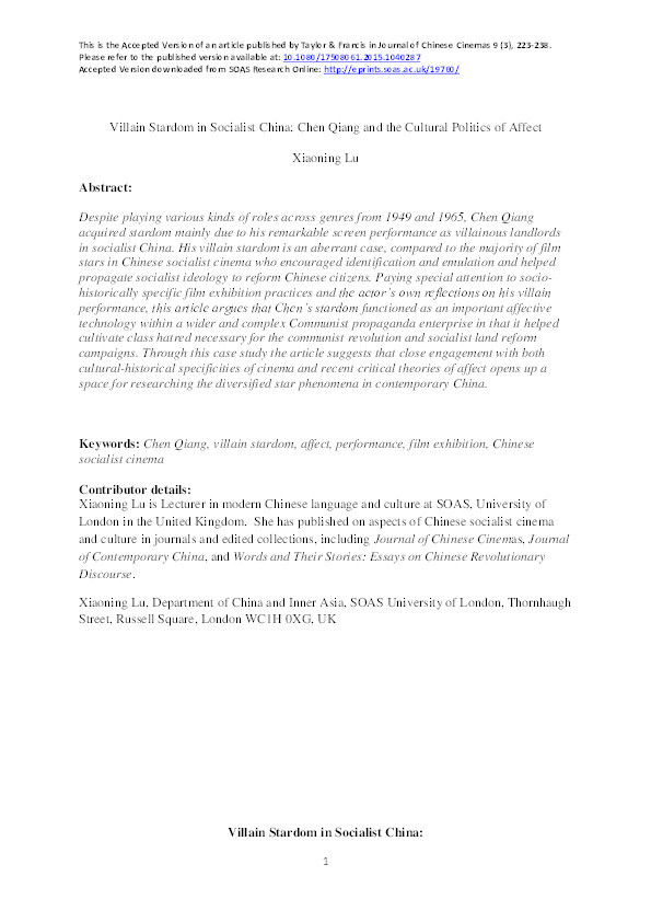 Villain Stardom in Socialist China: Chen Qiang and the Cultural Politics of Affect Thumbnail