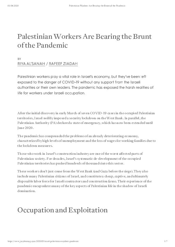 Palestinian Workers Are Bearing the Brunt of the Pandemic Thumbnail
