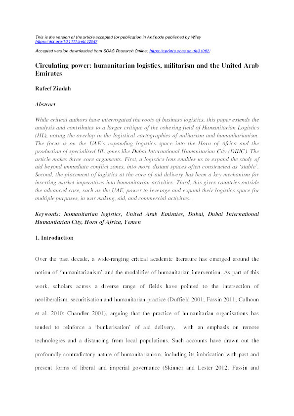 Circulating power: humanitarian logistics, militarism and the United Arab Emirates Thumbnail