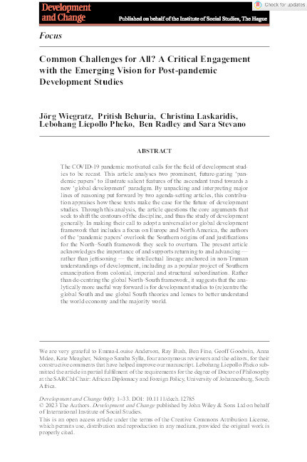 Common challenges for all? A critical engagement with the emerging vision for post-pandemic development studies Thumbnail