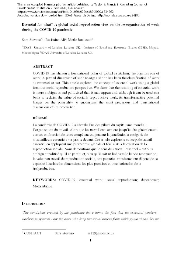 Essential for what? A global social reproduction view on the re-organisation of work during the COVID-19 pandemic Thumbnail