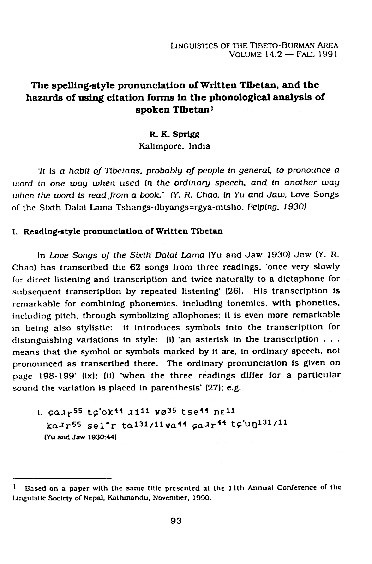 The spelling style pronunciation of Written Tibetan and and the hazards of using citation forms in the phonological analysis of spoken Tibetan Thumbnail