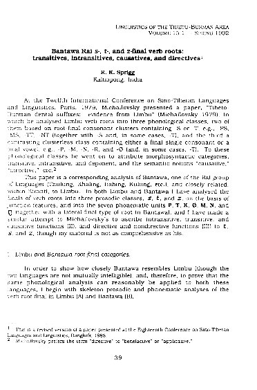 Bantawa Rai s-, t- and z-final verb roots: transitives, intransitives, causatives and directives Thumbnail