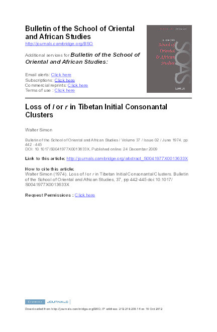 Notes and Communications: Loss of 1 or r in Tibetan Initial Consonantal Clusters Thumbnail