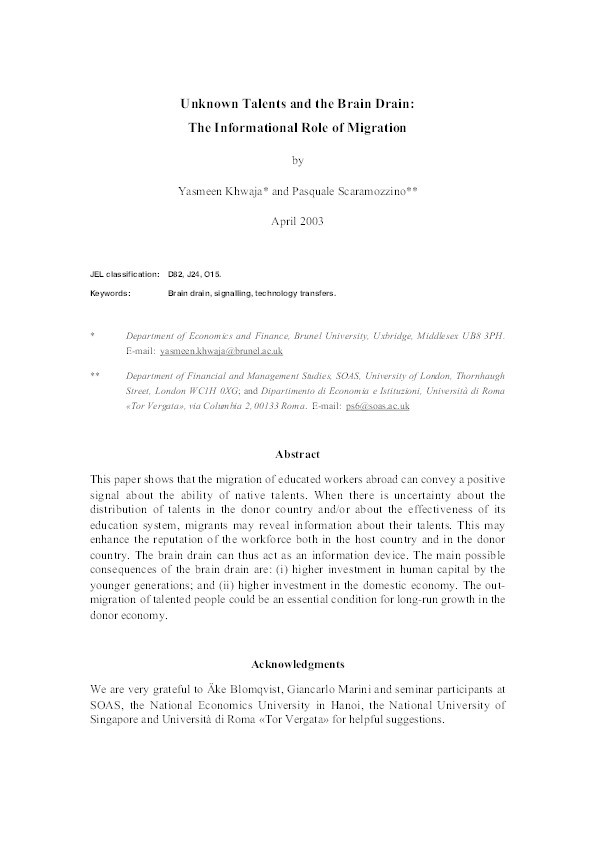 Unknown Talents and the Brain Drain: The Informational Role of Migration Thumbnail