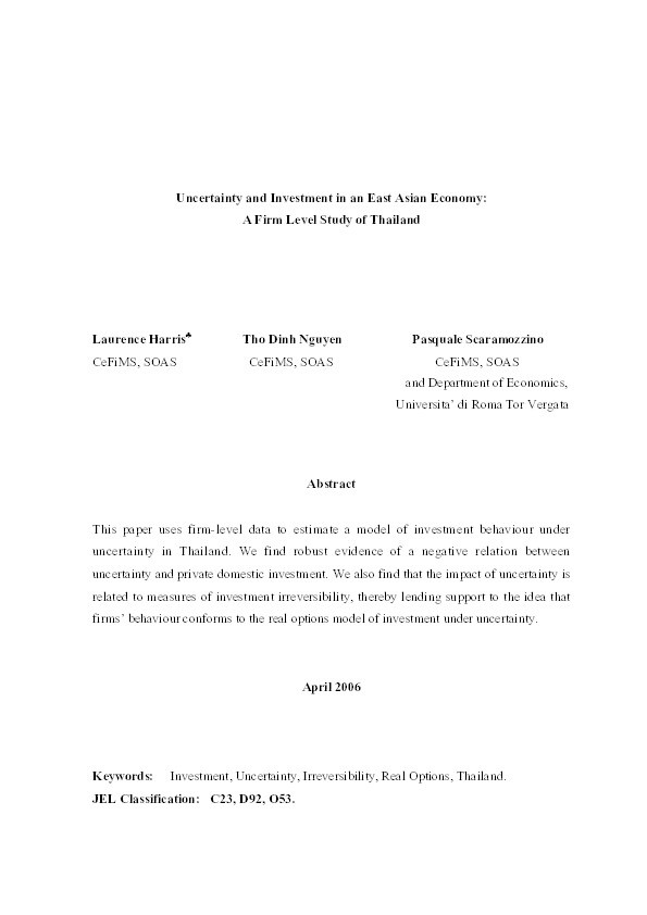 Uncertainty and Investment in an East Asian Economy: A Firm Level Study of Thailand Thumbnail